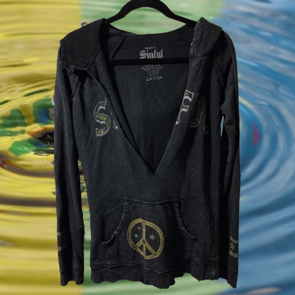 Sinful by Affliction Peace and Love Angel Wing Acid Wash Hoodie - Picture 4 of 5